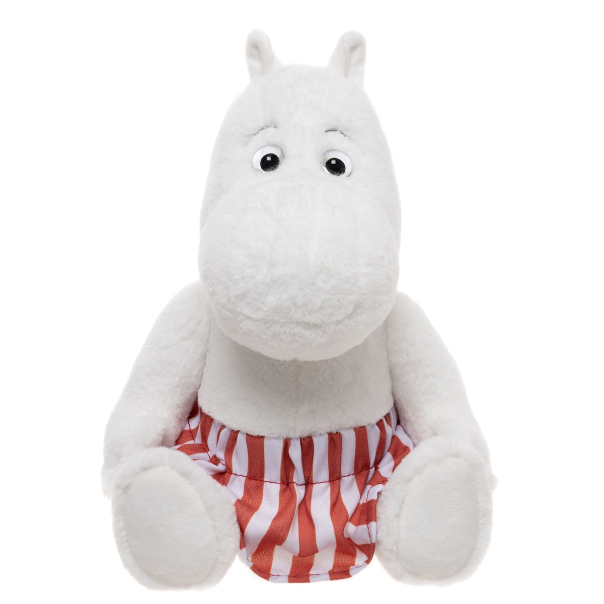 White plush hippo toy with wide eyes, wearing red and white striped shorts. The toy has a friendly and cheerful expression.