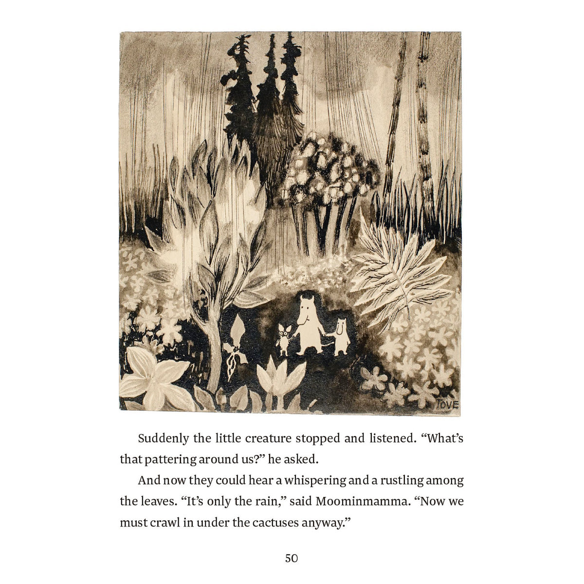 Illustration of Moominmamma and two small creatures in a rainy forest from Moomins and the Great Flood.