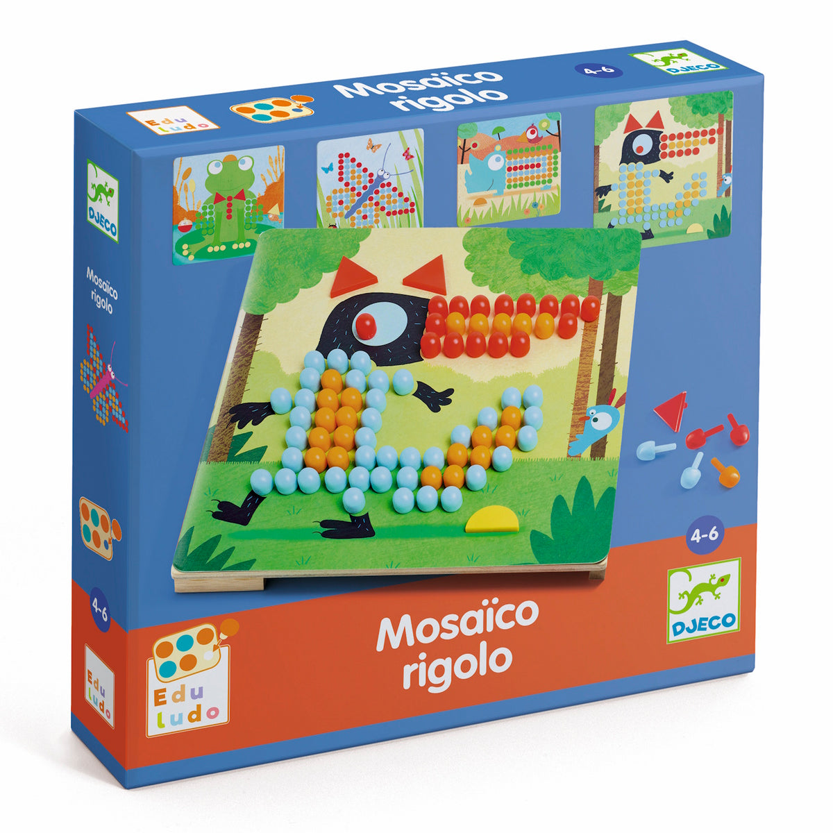 Djeco Eduludo Mosaïco Rigolo peg board game for kids, a mosaic art toy with colorful animal patterns.