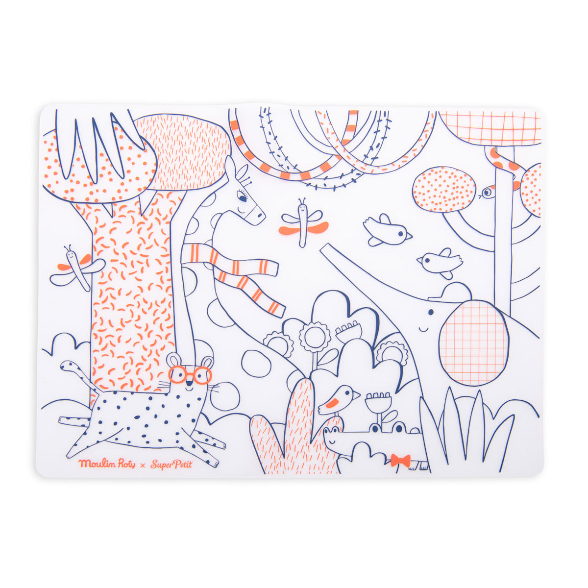 Moulin Roty silicone coloring mat with line art of a giraffe, elephant, and cheetah wearing glasses.
