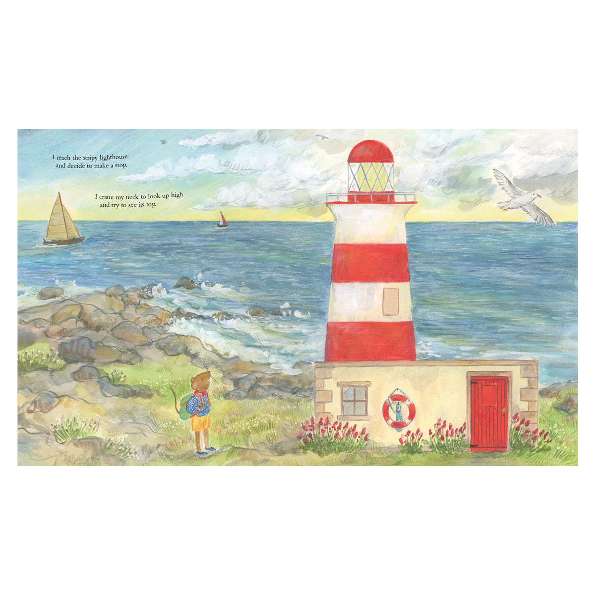 Children's book page showing a little mouse looking up at a red-and-white striped lighthouse by the ocean.