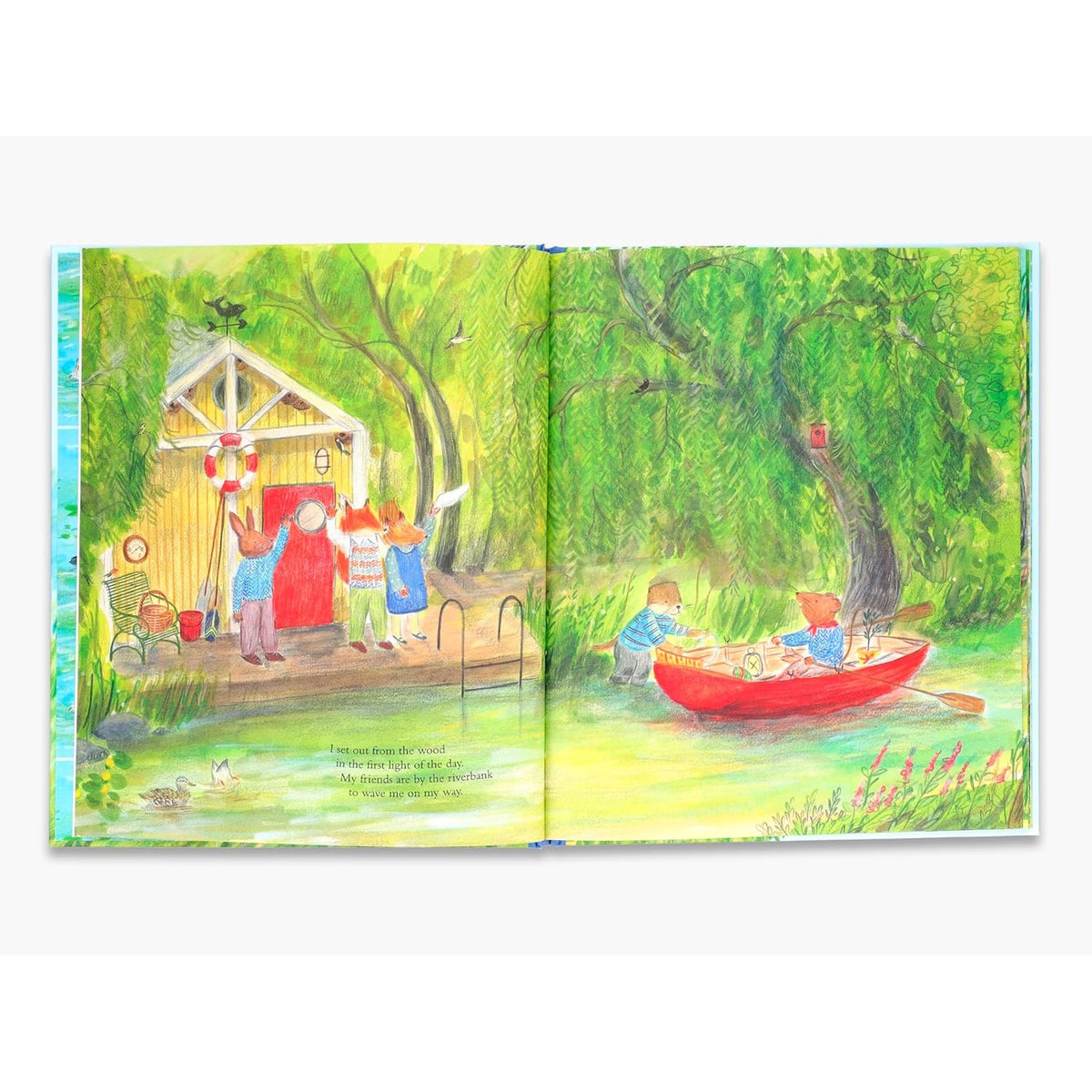 Children's book illustration of a mouse in a red boat waving to animal friends by a yellow riverside cottage.