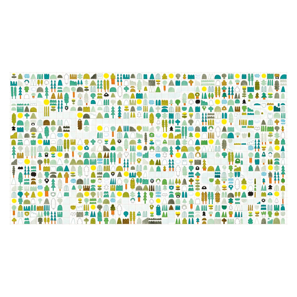 Colorful grid of abstract tree and landscape shapes in green, yellow, blue, and brown. Each square has a unique pattern, creating a playful, organized design.