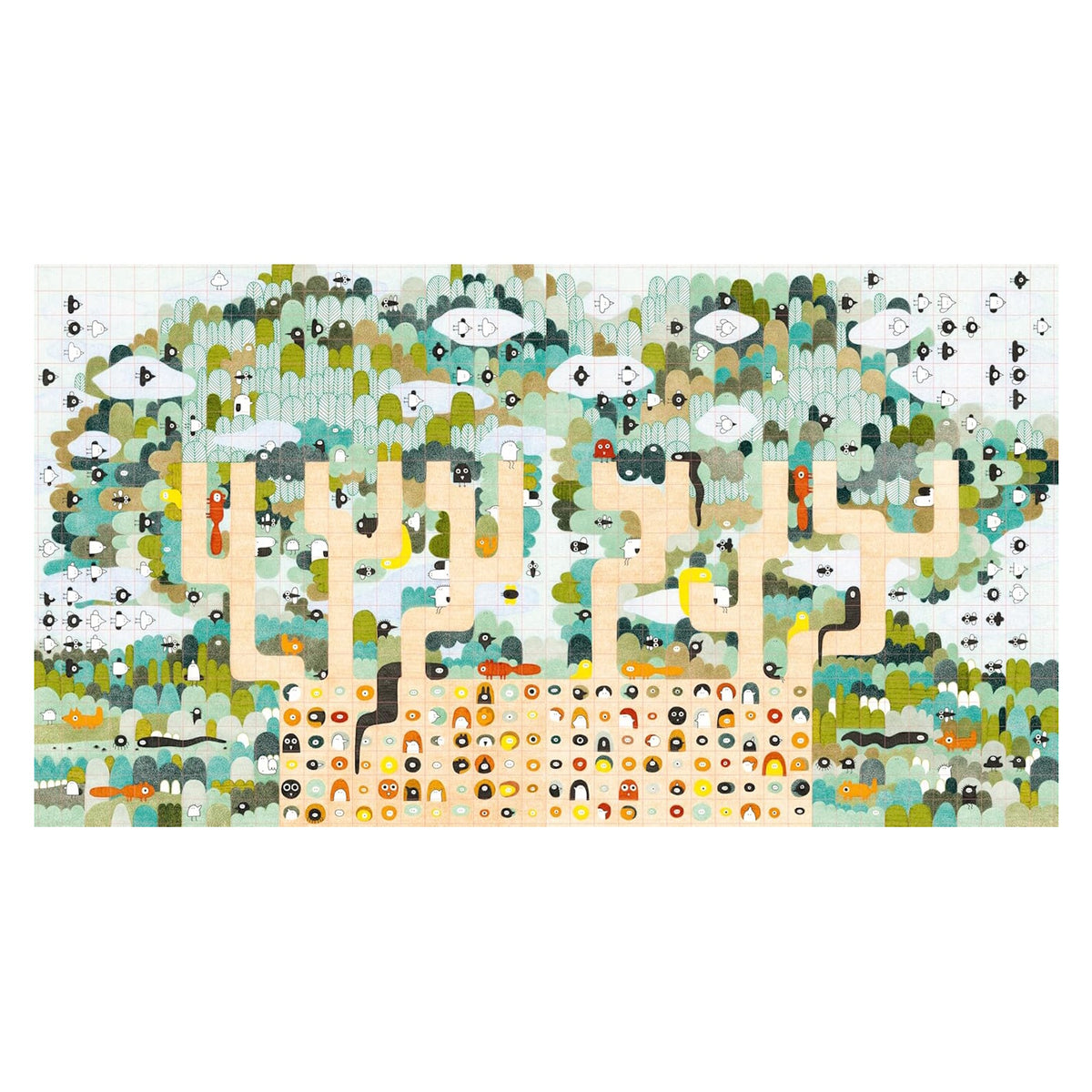 Abstract art featuring interconnected shapes resembling trees, composed of earthy tones like greens and browns. The piece conveys a whimsical, playful tone.