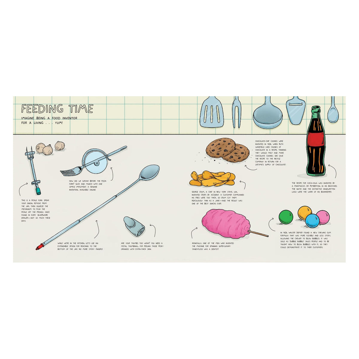Children’s book illustration "Feeding Time" showing quirky food inventions like a pizza fork and an extendable spoon.