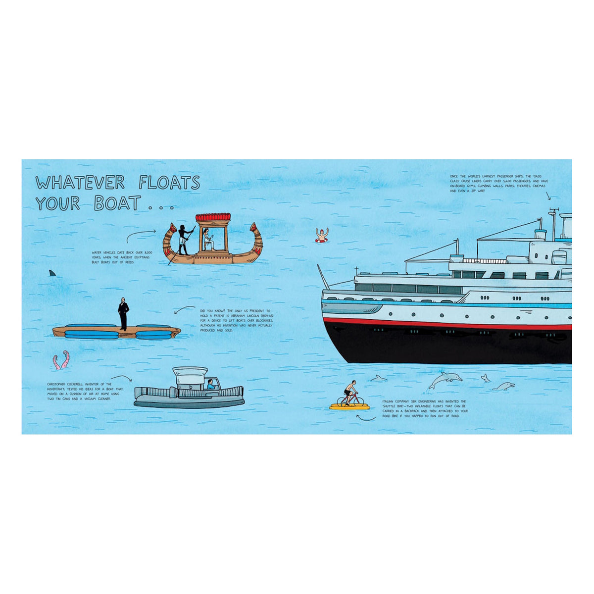 A colorful illustration from My Amazing Inventions Sketchbook showing various boats, a cruise ship, and water vehicles.