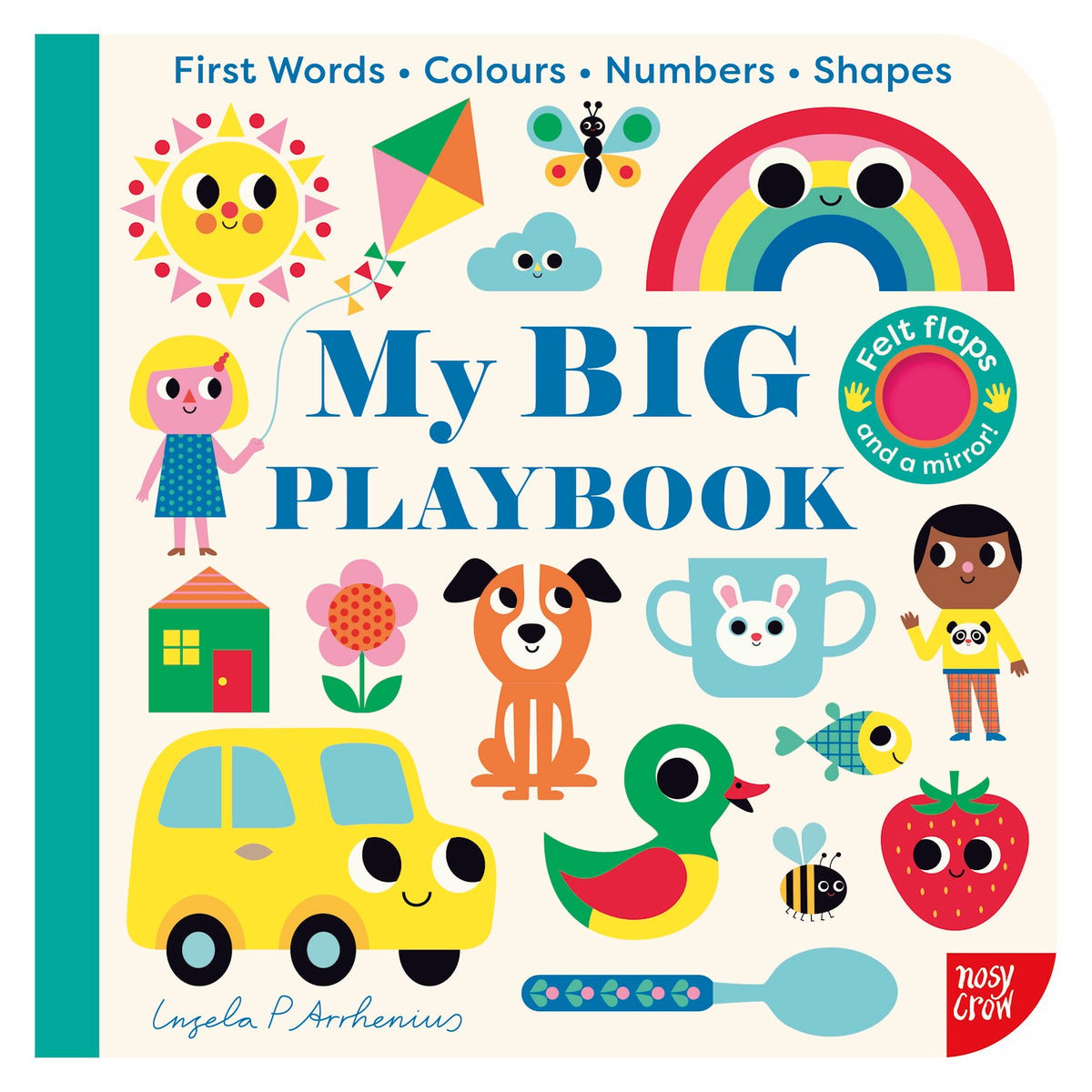 Colorful children's book cover for "My BIG Playbook" with illustrations of a sun, rainbow, car, dog, and duck.