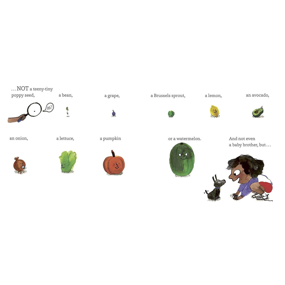 Illustration from My Brother is an Avocado showing various fruits and vegetables with cute faces and a child with a dog.