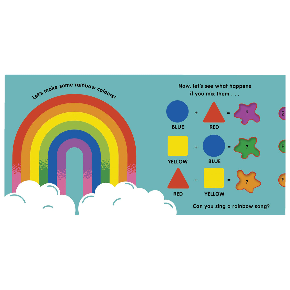 Educational children's book page showing a colorful rainbow and a color-mixing guide with primary and secondary colors.