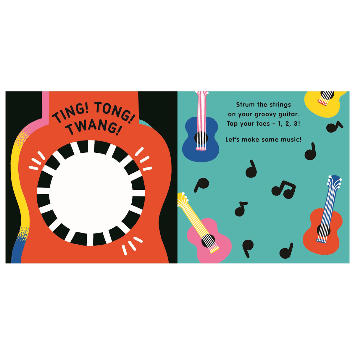 Colorful children's book spread featuring guitars, musical notes, and text: "Strum the strings on your groovy guitar."