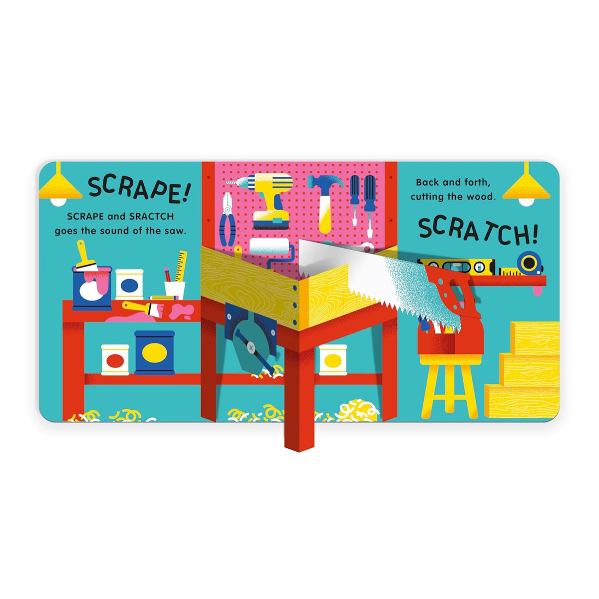 Children's book page showing a colorful workbench with a handsaw cutting a piece of wood.
