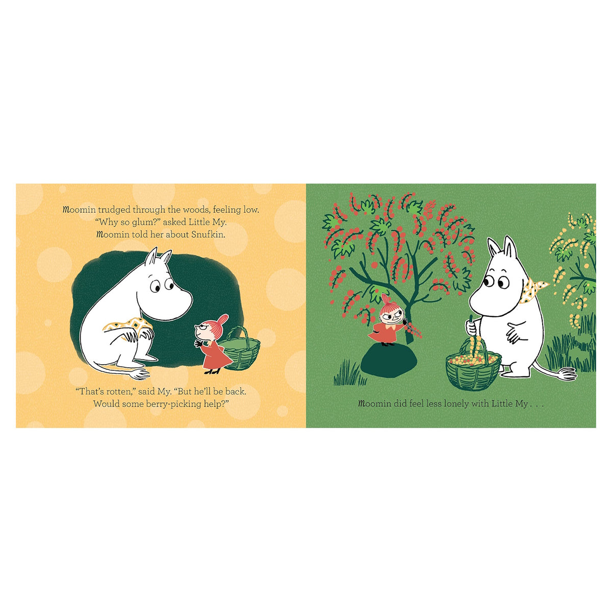 Moomintroll and Little My picking berries in a forest illustration from the My First Moomin: Best Friends book.