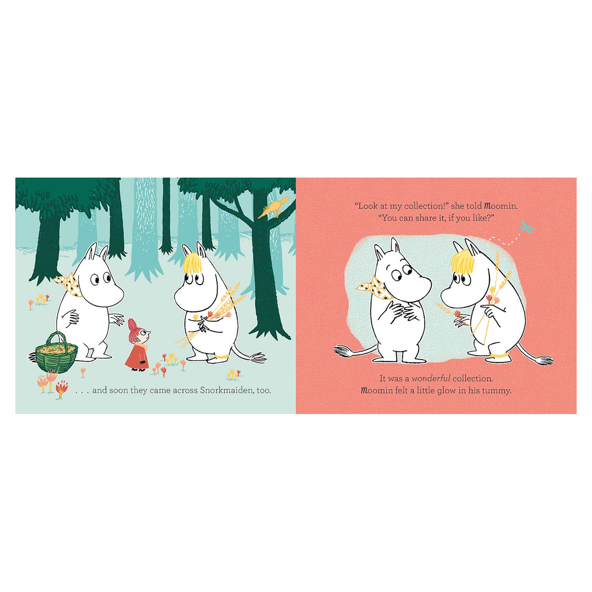 Moomintroll and Snorkmaiden sharing a collection of flowers in an illustration from the My First Moomin: Best Friends book.