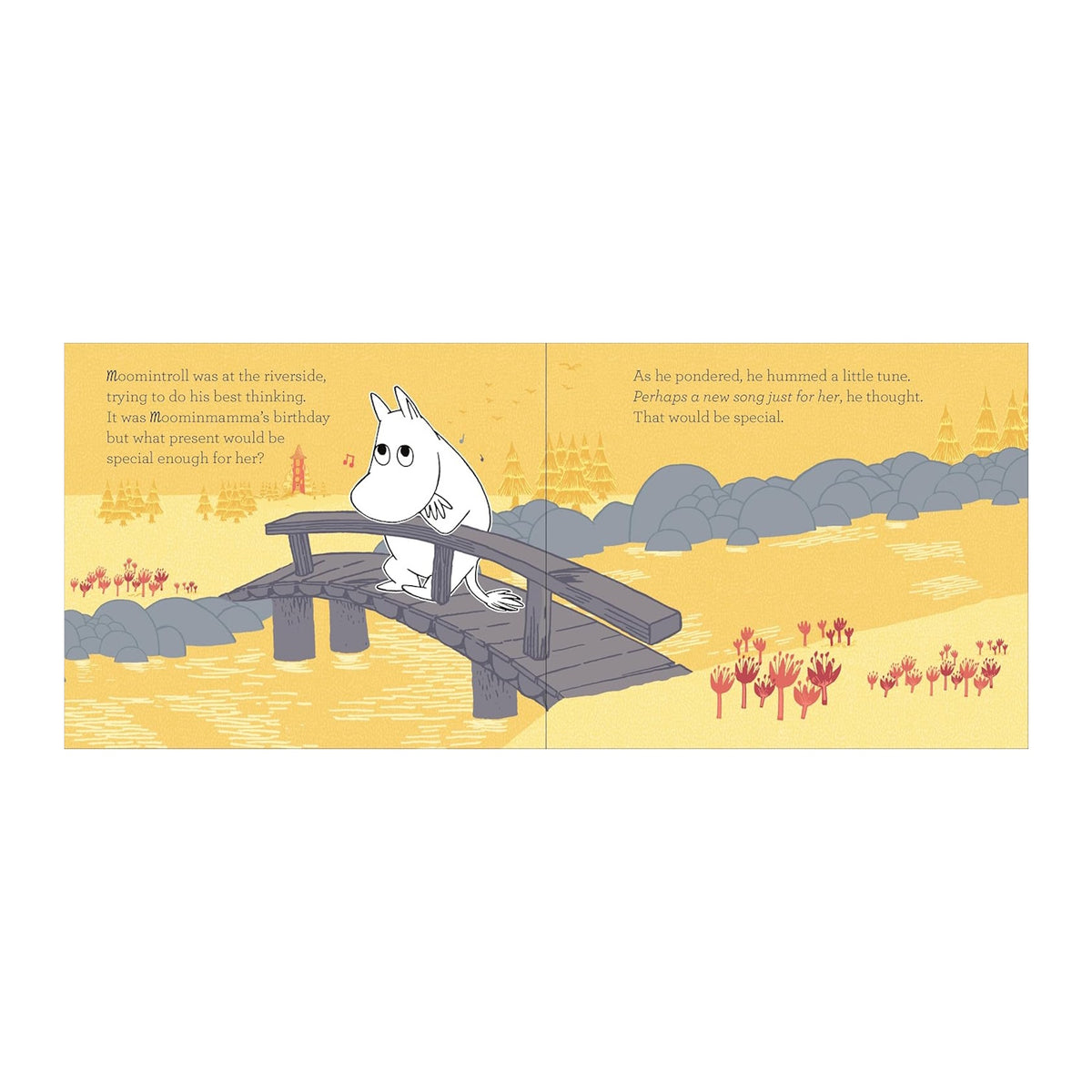 A white character sits thoughtfully on a wooden bridge over a river in a yellow and orange landscape. The scene feels peaceful and reflective.