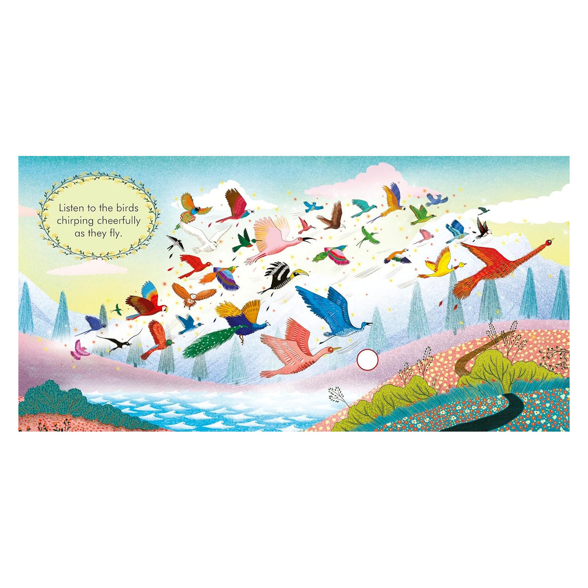 Illustration of colorful birds flying over a landscape with text: "Listen to the birds chirping cheerfully as they fly."