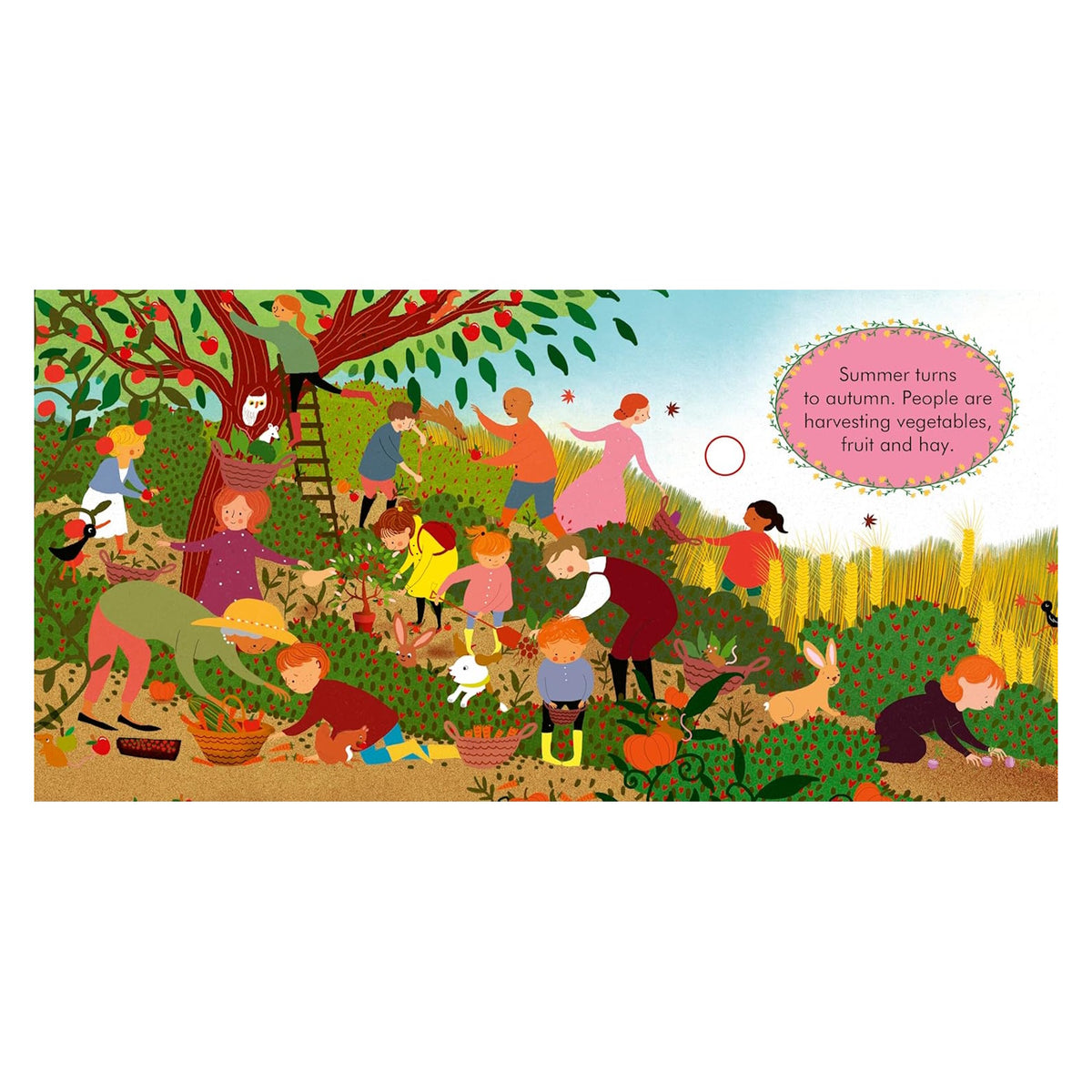 People harvesting fruits and vegetables in a colorful autumn field illustration from a children’s storybook.