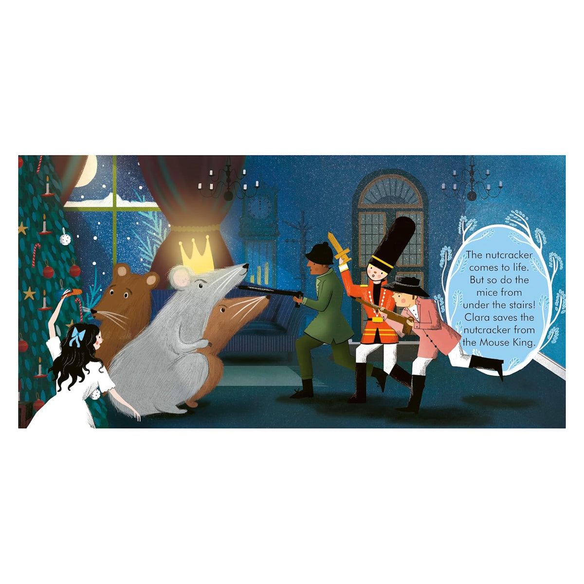 A girl in white faces a giant mouse with a crown. Toy soldiers wield swords in a festive room, creating a magical, tense scene from "The Nutcracker."