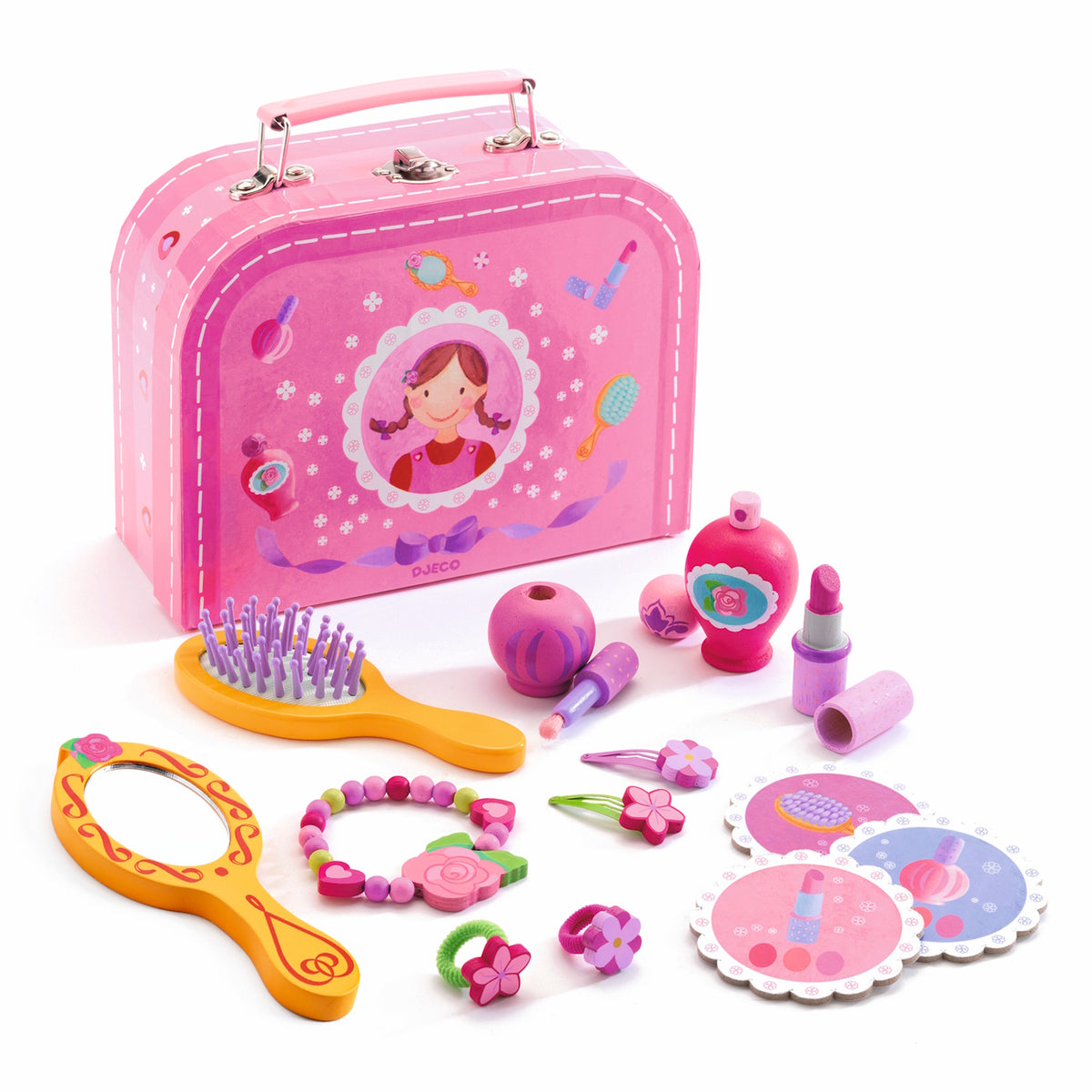 Djeco pink wooden vanity case play set with toy makeup, hairbrush, mirror, and jewelry for kids.