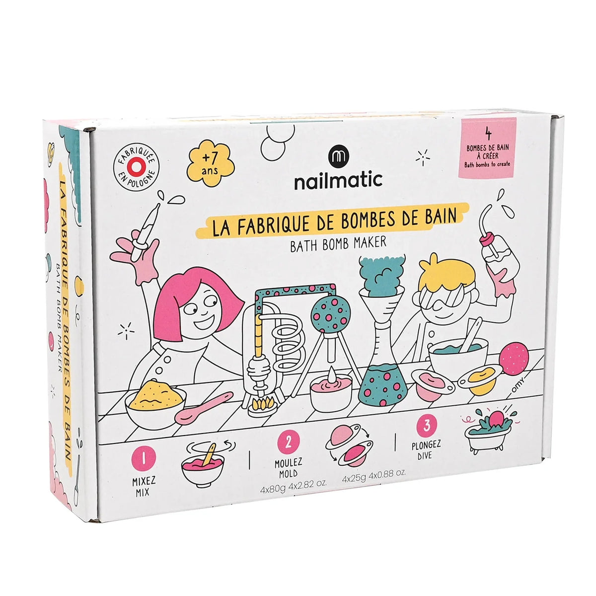 Nailmatic Bath Bomb Maker box featuring colorful lab illustrations on a white background.