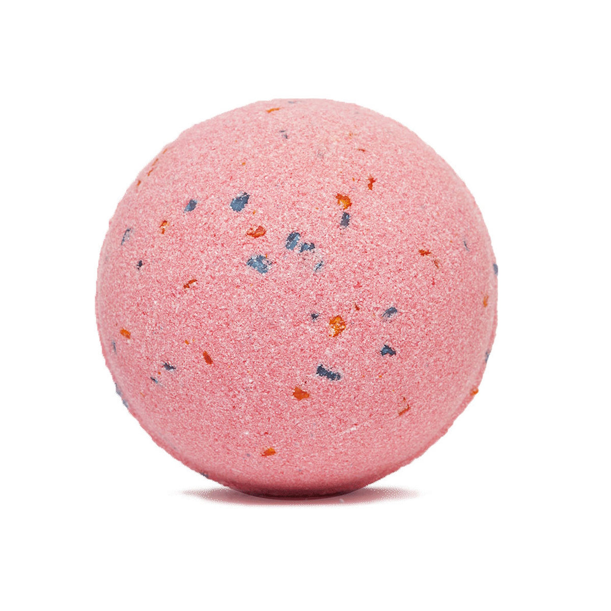 A pink bath bomb with blue and orange speckles, against a plain white background. The item appears textured, evoking a sense of relaxation and self-care.