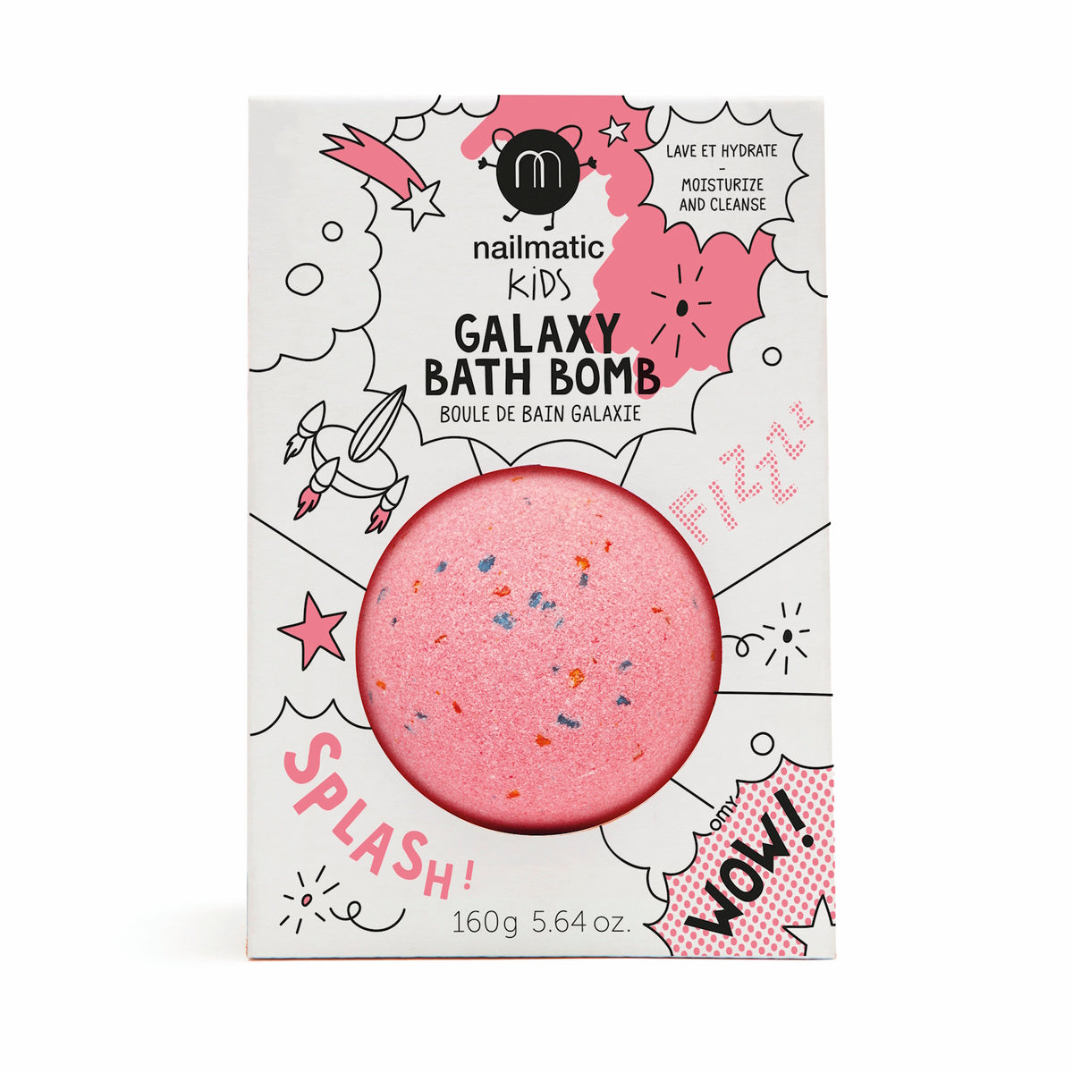 Pink bath bomb in playful packaging with stars, rockets, and text: "Galaxy Bath Bomb", "Splash!", "Fizz!". Fun, energetic design for kids.