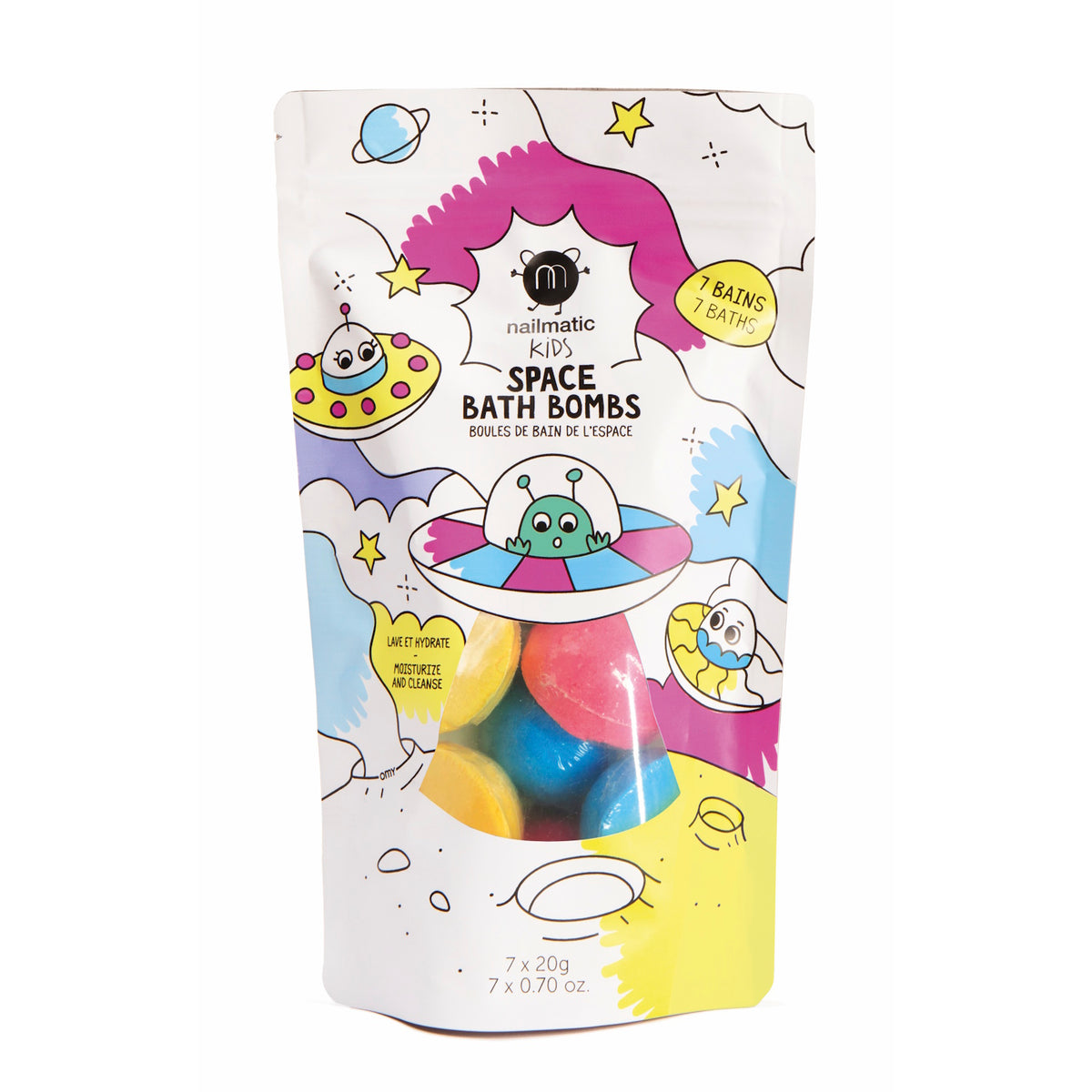 Colorful packaging of Nailmatic Kids Space Bath Bombs featuring whimsical UFOs and planets. Bright colors and playful design evoke a fun, adventurous tone.