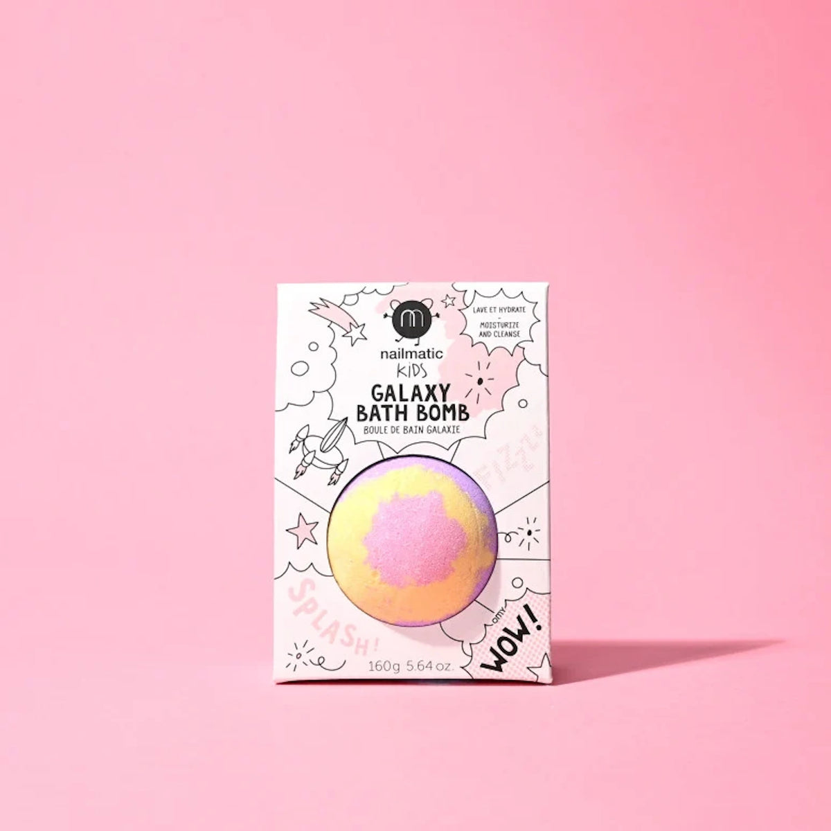 Nailmatic Kids Galaxy Bath Bomb box displaying product through cutout, on pink background.