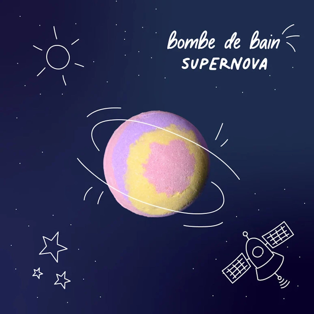 Colorful Supernova bath bomb styled as a planet against a starry space background with doodles.