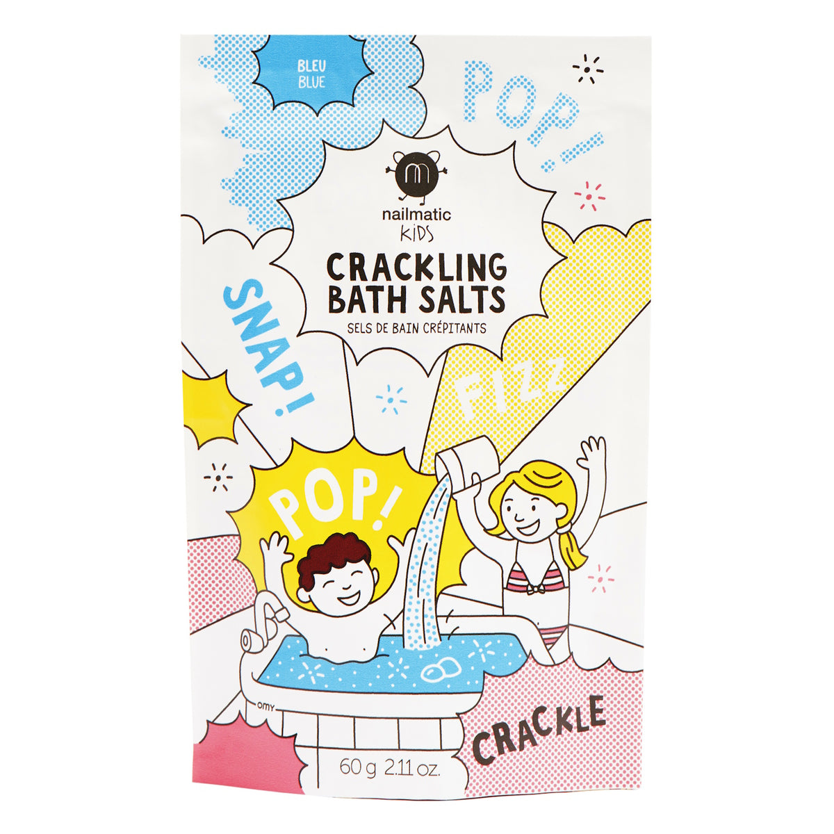 Colorful packaging of Nailmatic Kids Crackling Bath Salts shows joyful children in bath, surrounded by words like "POP!", "SNAP!", "FIZZ!".
