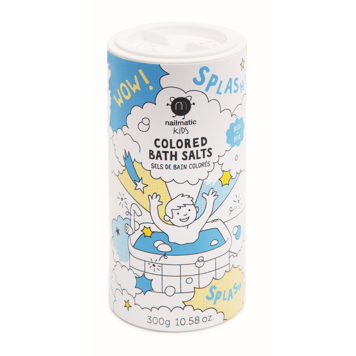 Cartoon-style product packaging of colored bath salts for kids. Features a happy child in a tub, with bubbles, stars, and words like "Wow" and "Splash!"