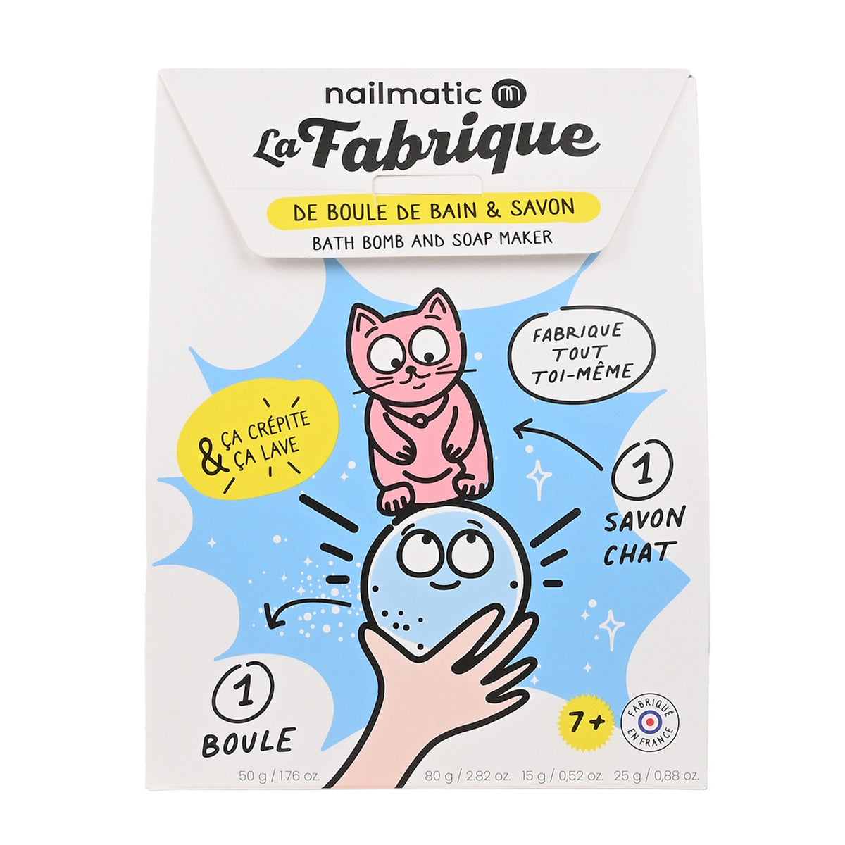 Cartoon box design for a bath bomb and soap maker. Features a pink cat and a smiling bath bomb, with playful text and vibrant blue and yellow accents. France-made, suitable for ages 7+.