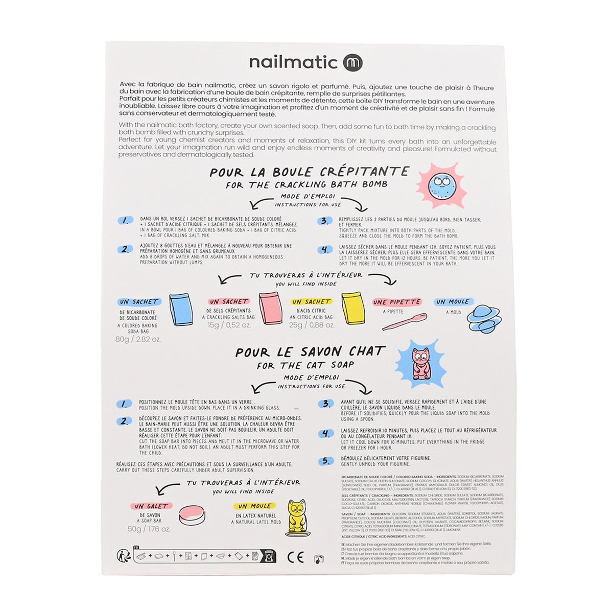 Instructions for making crackling bath bombs and cat-shaped soap. Features illustrations and text in French and English, conveying a playful tone.