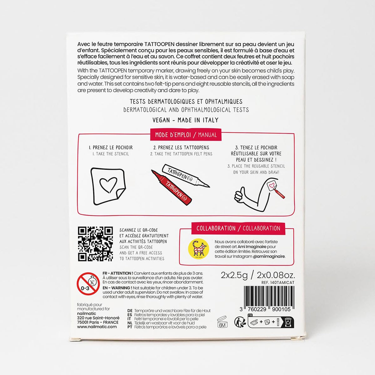 Back of a Tattopen product box, featuring bilingual instructions. Illustrations show a stencil, marker, and hand drawing on skin. Includes a QR code.