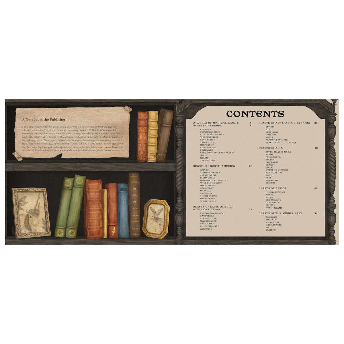 Table of contents page for a magical beast book featuring a bookshelf with vintage books and framed illustrations.