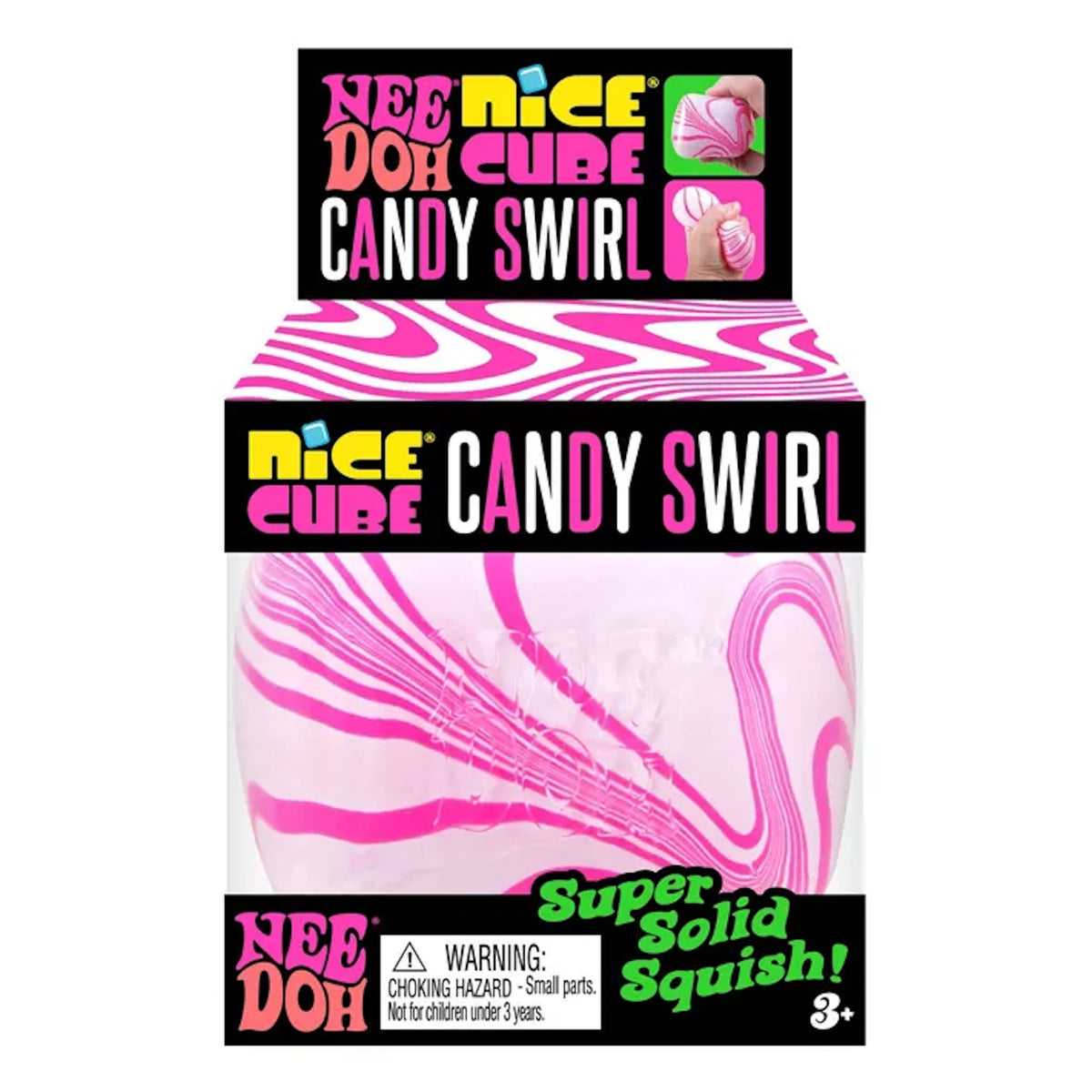 NeeDoh Candy Swirl Nice Cube pink and white fidget toy in packaging. "Super Solid Squish" sensory stress ball for kids.