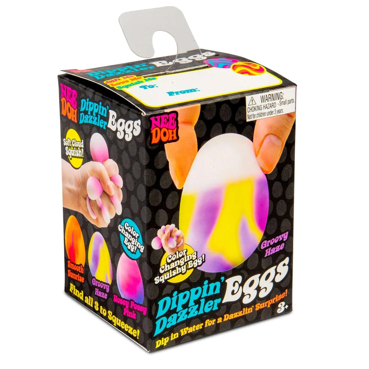 Box of "Dippin' Dazzler Eggs" with a colorful, squishy egg illustration. Text highlights color-changing feature. Bright and playful design.