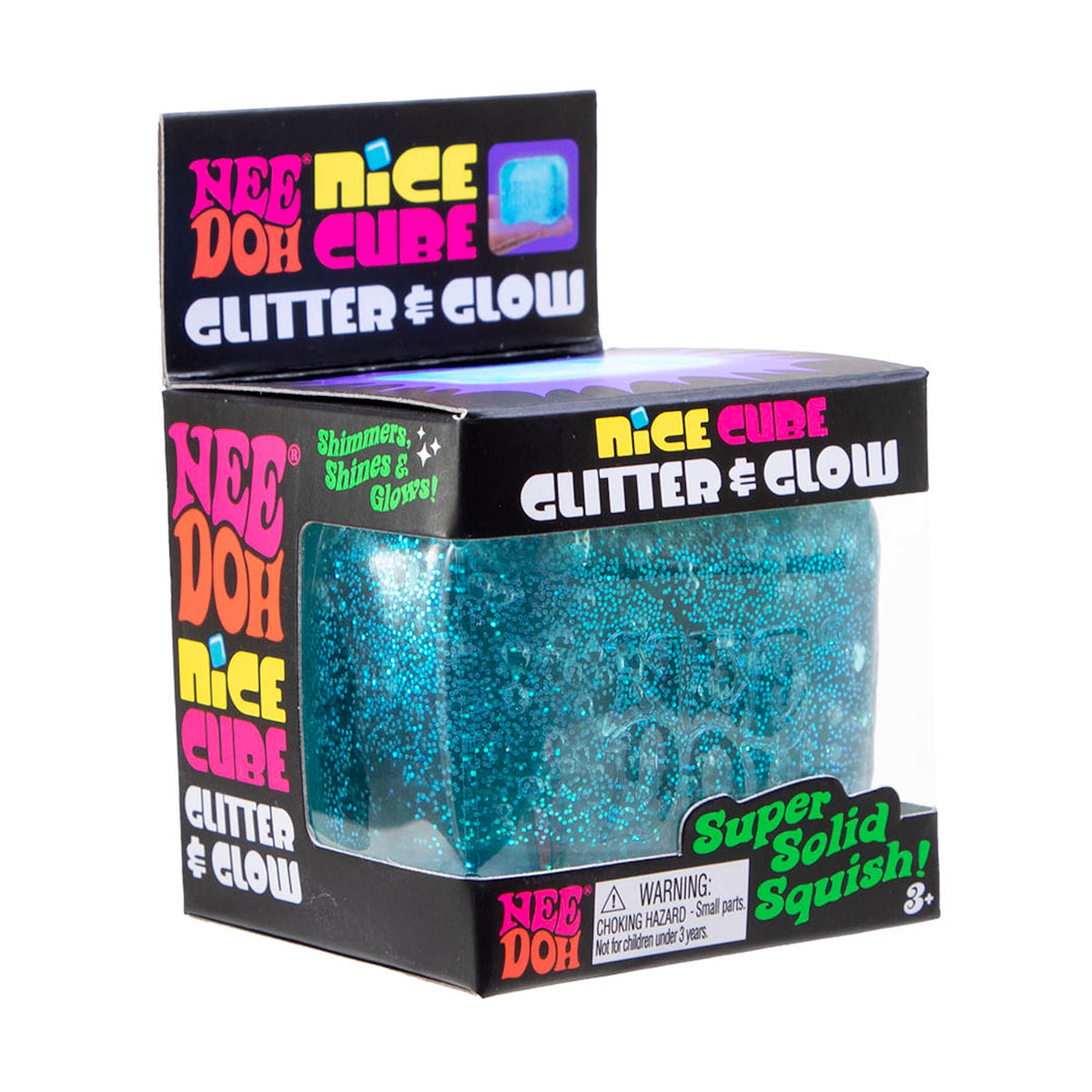 Packaging of a Nee Doh Nice Cube glitter toy. The box is black with colorful text. The toy inside is a sparkly, blue, squishy cube.