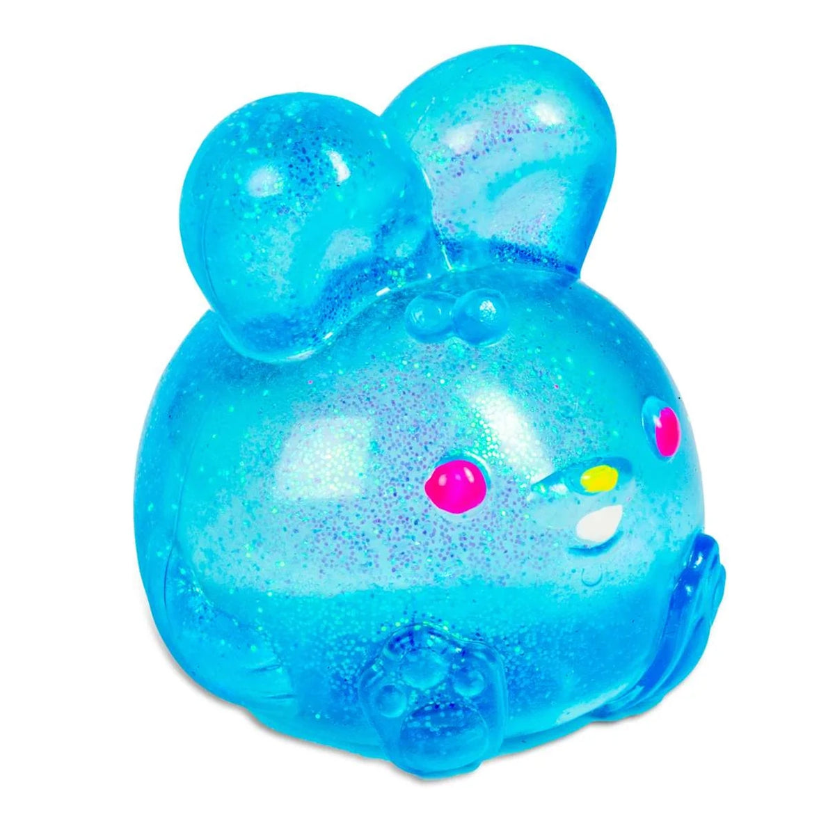 A round, blue, glittery squishy toy with bunny-like ears and small pink eyes. It has a playful expression, creating a joyful and whimsical tone.