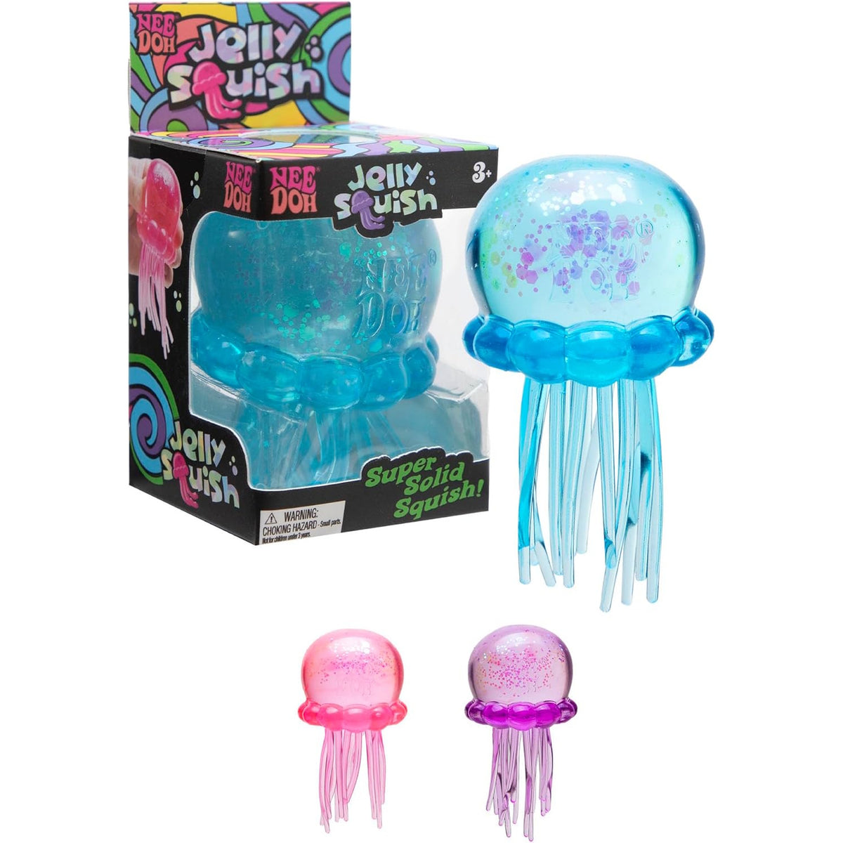 Blue, pink, and purple NeeDoh Jelly Squish jellyfish fidget toys with glitter and tentacles next to product packaging.