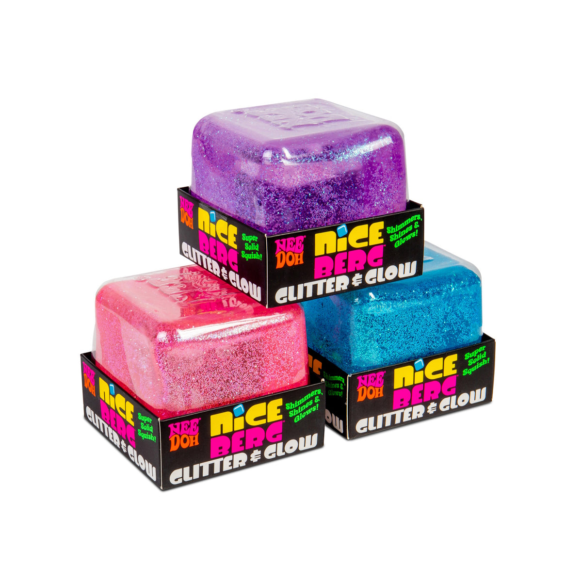 Three NeeDoh Nice Berg Glitter & Glow squishy fidget toys in purple, pink, and blue ice cube shapes with sparkly glitter.