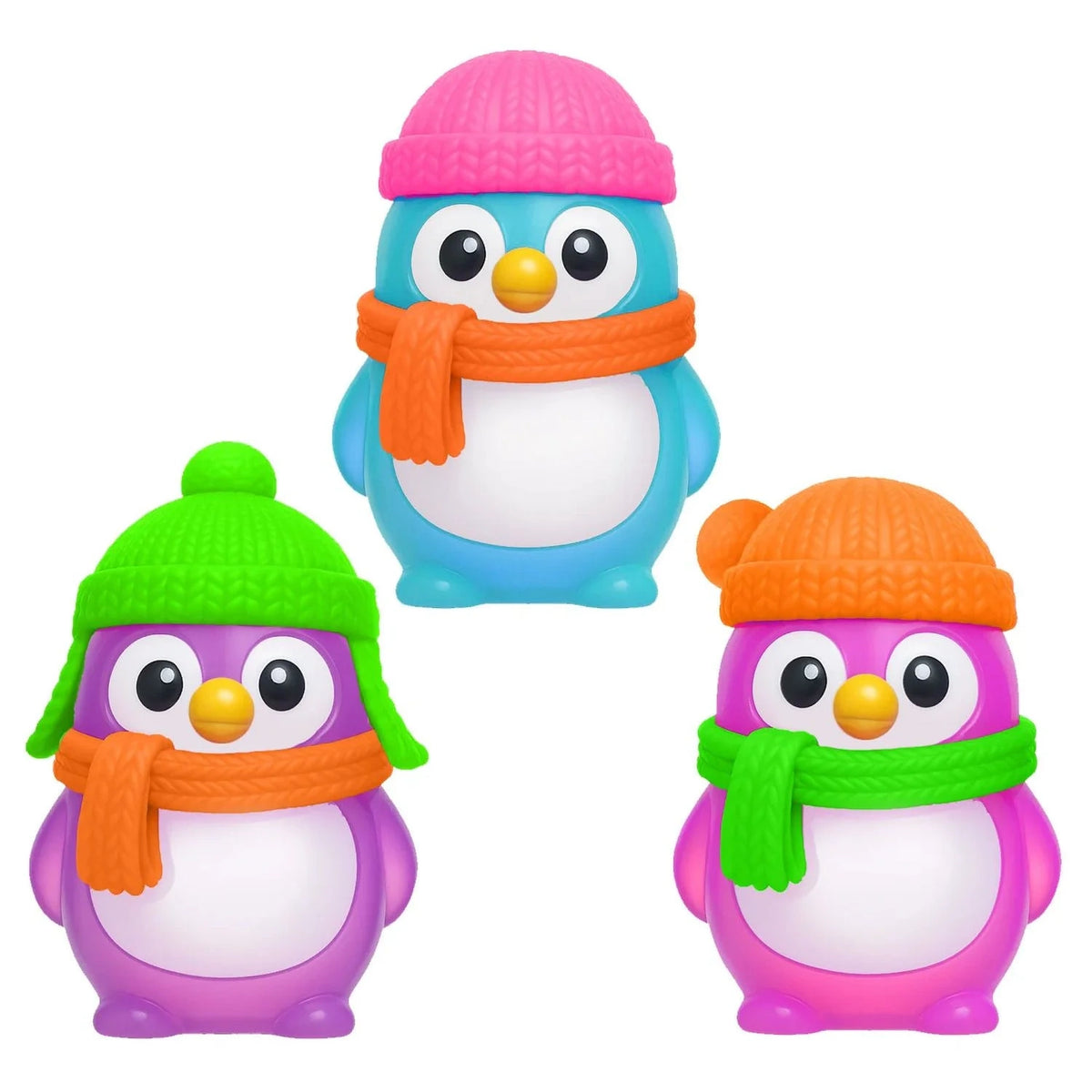 Three colorful NeeDoh Polar Glow Penguin squishy fidget toys in blue, purple, and pink with knit hats and scarves.