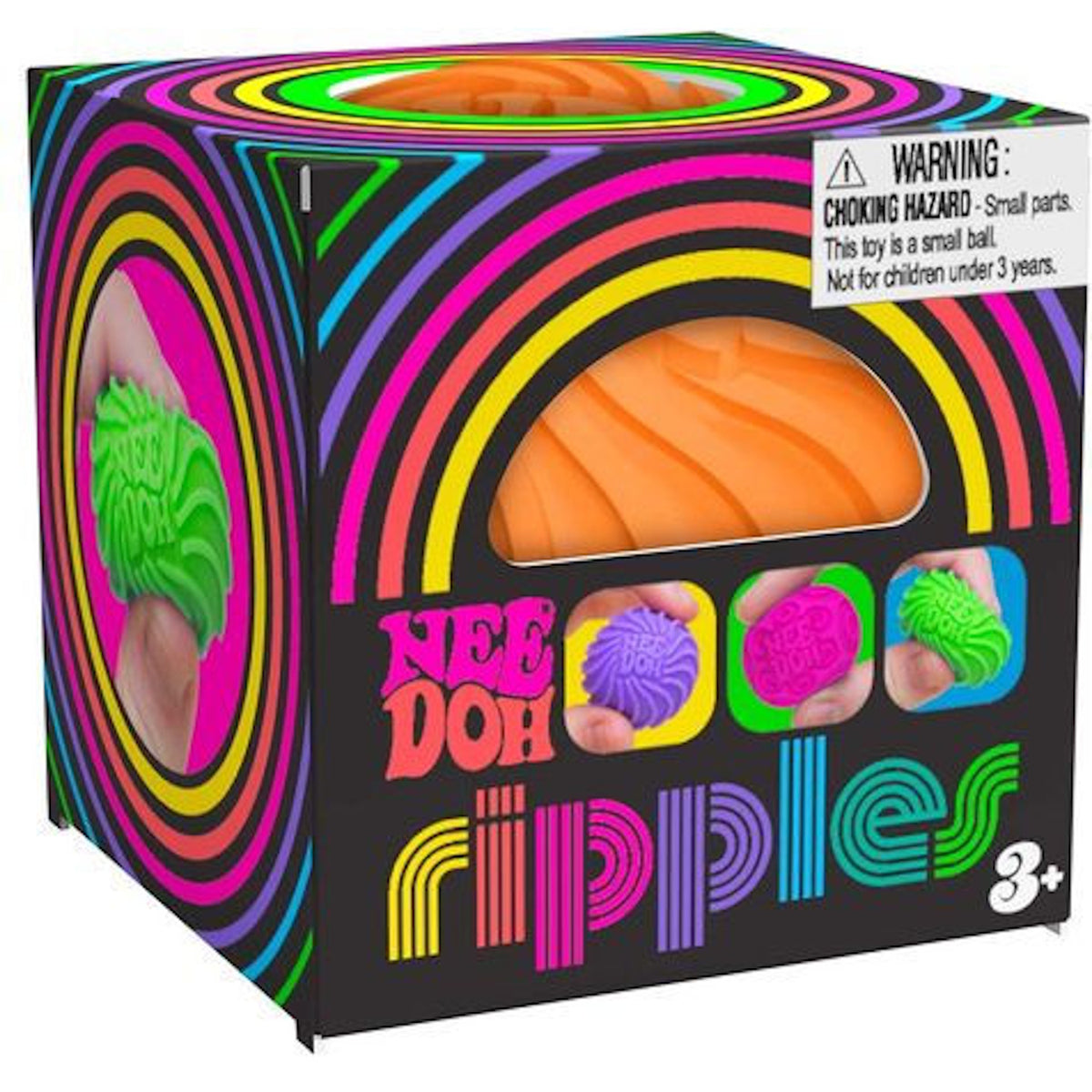 Neon-striped box of Nee Doh Ripples for ages 3+, with hand-squeezed stress balls in green, purple, and orange. A warning label is visible.