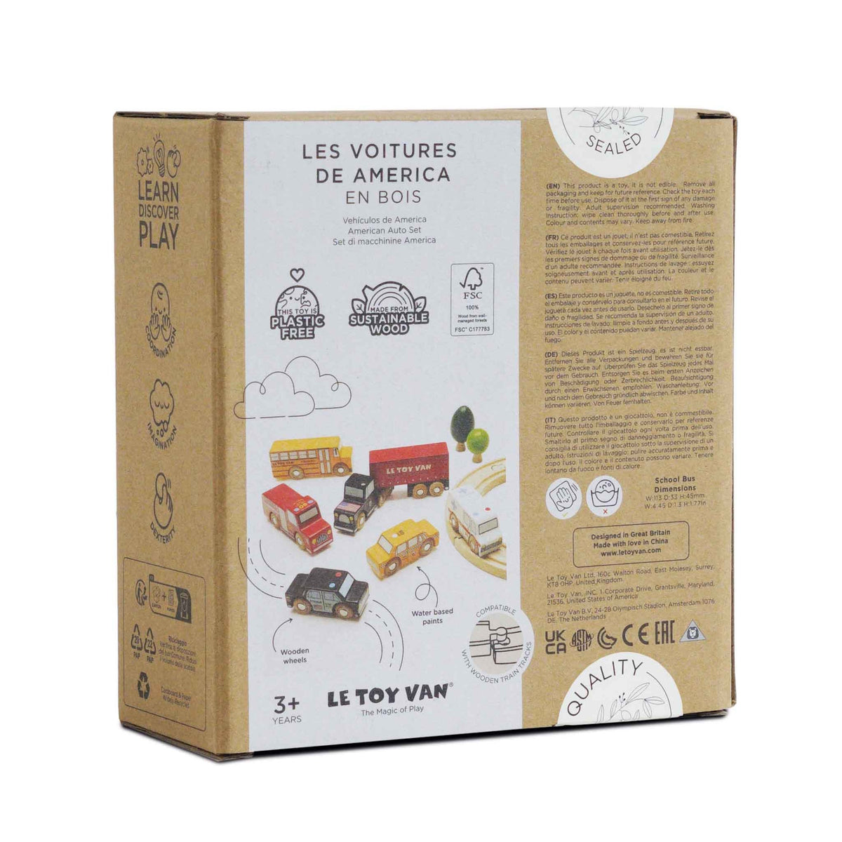 Back of the cardboard packaging for the Le Toy Van American Auto wooden toy car set.