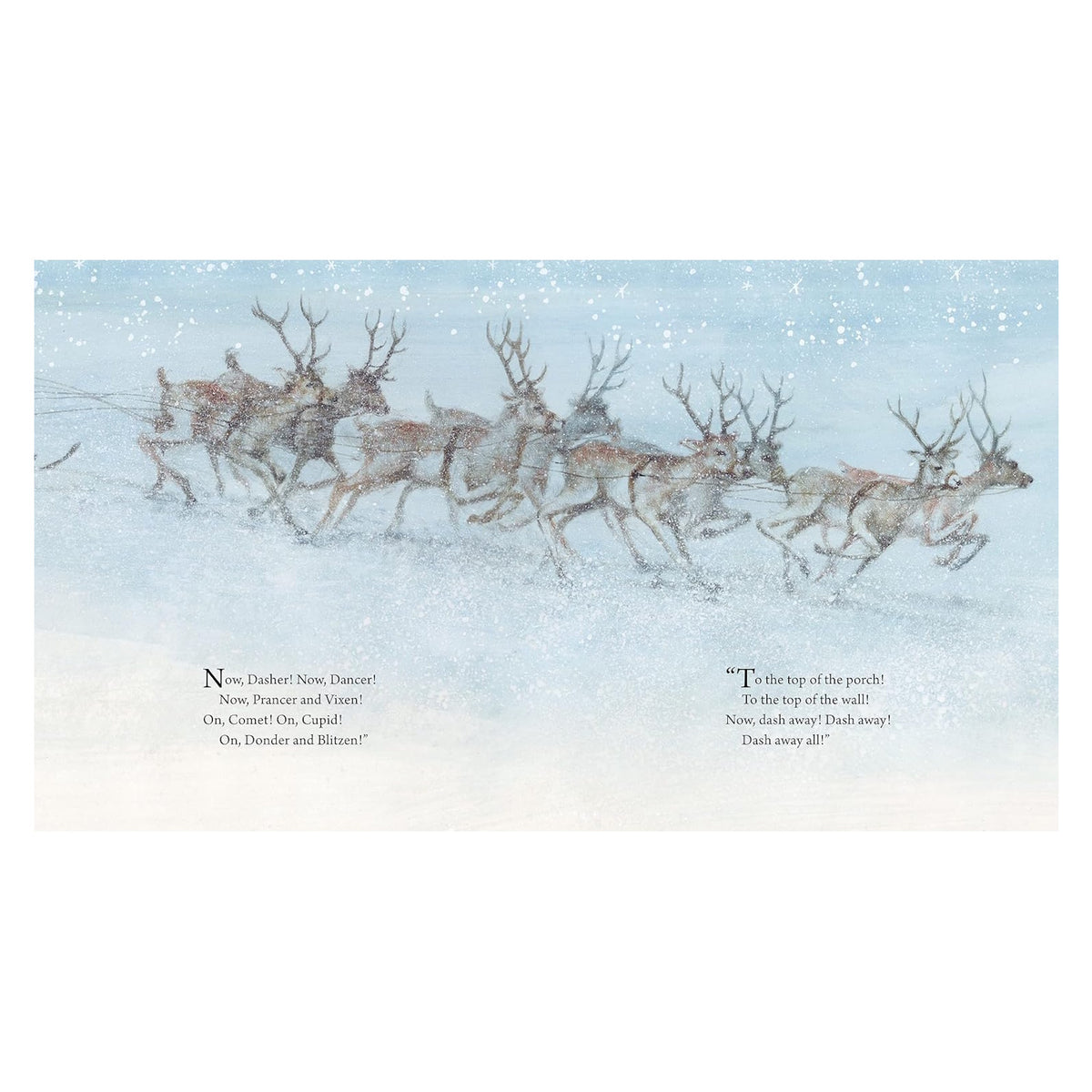 Illustration of Santa's reindeer flying through a snowy sky with "The Night Before Christmas" poem text below.