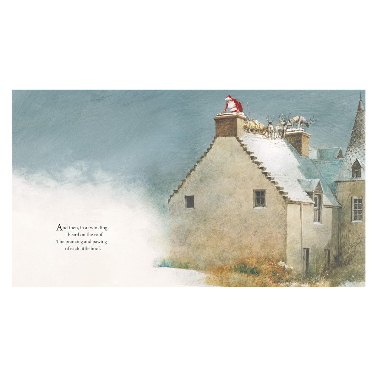 Santa Claus and reindeer on a snowy cottage roof. Illustration from The Night Before Christmas.