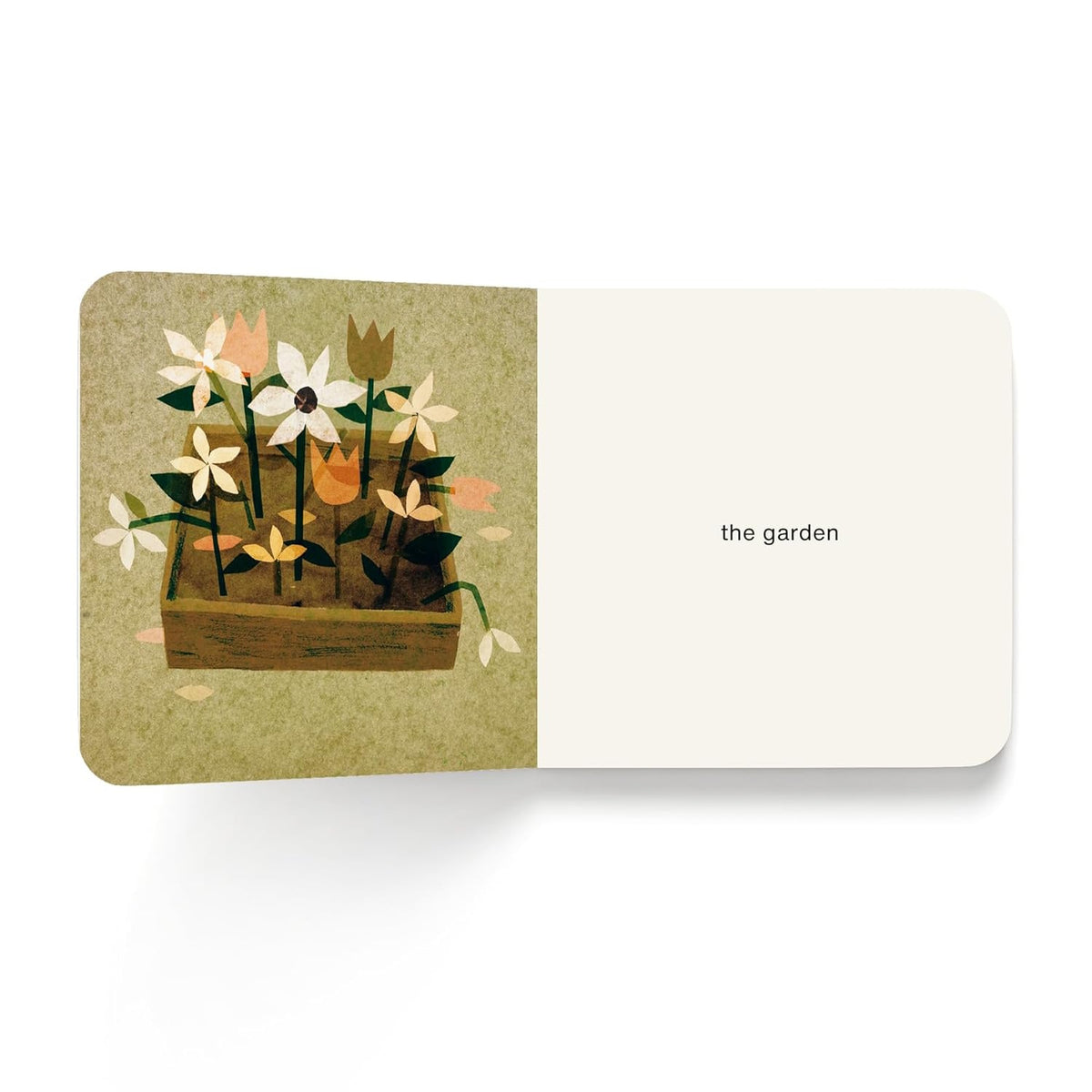 Book spread featuring paper-cut style flowers in a planter box alongside the text 'the garden'.
