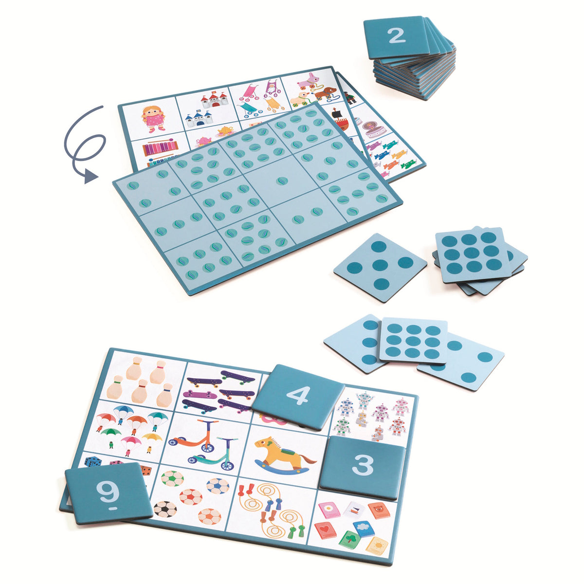 Educational bingo matching game for kids with number tiles, dot patterns, and colorful toy illustrations.