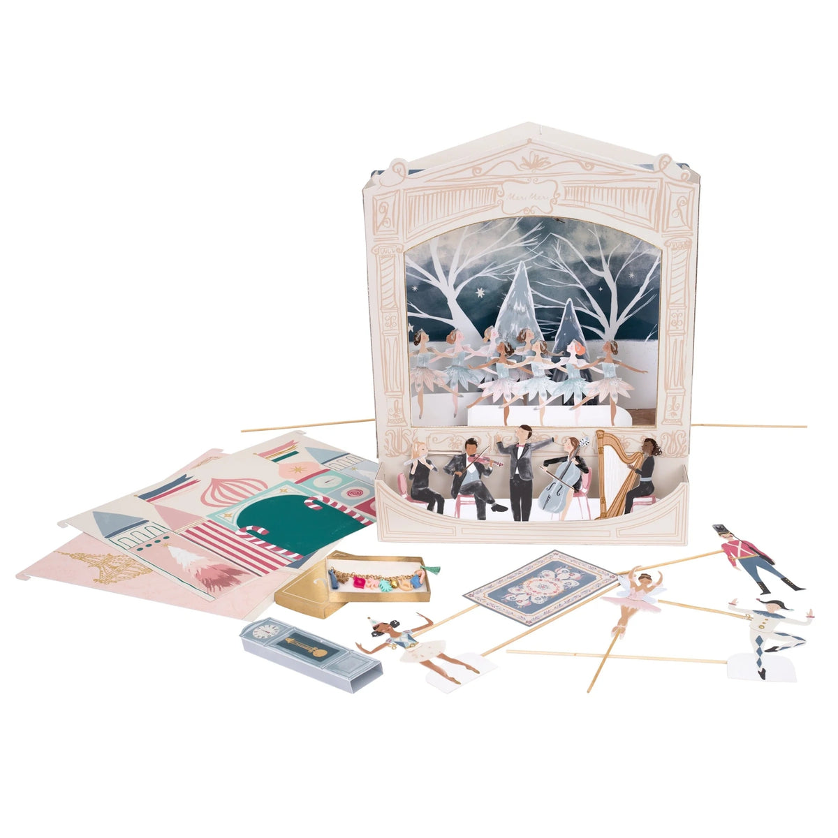 Nutcracker Theatre advent calendar set with stage, orchestra, character puppets, and props.