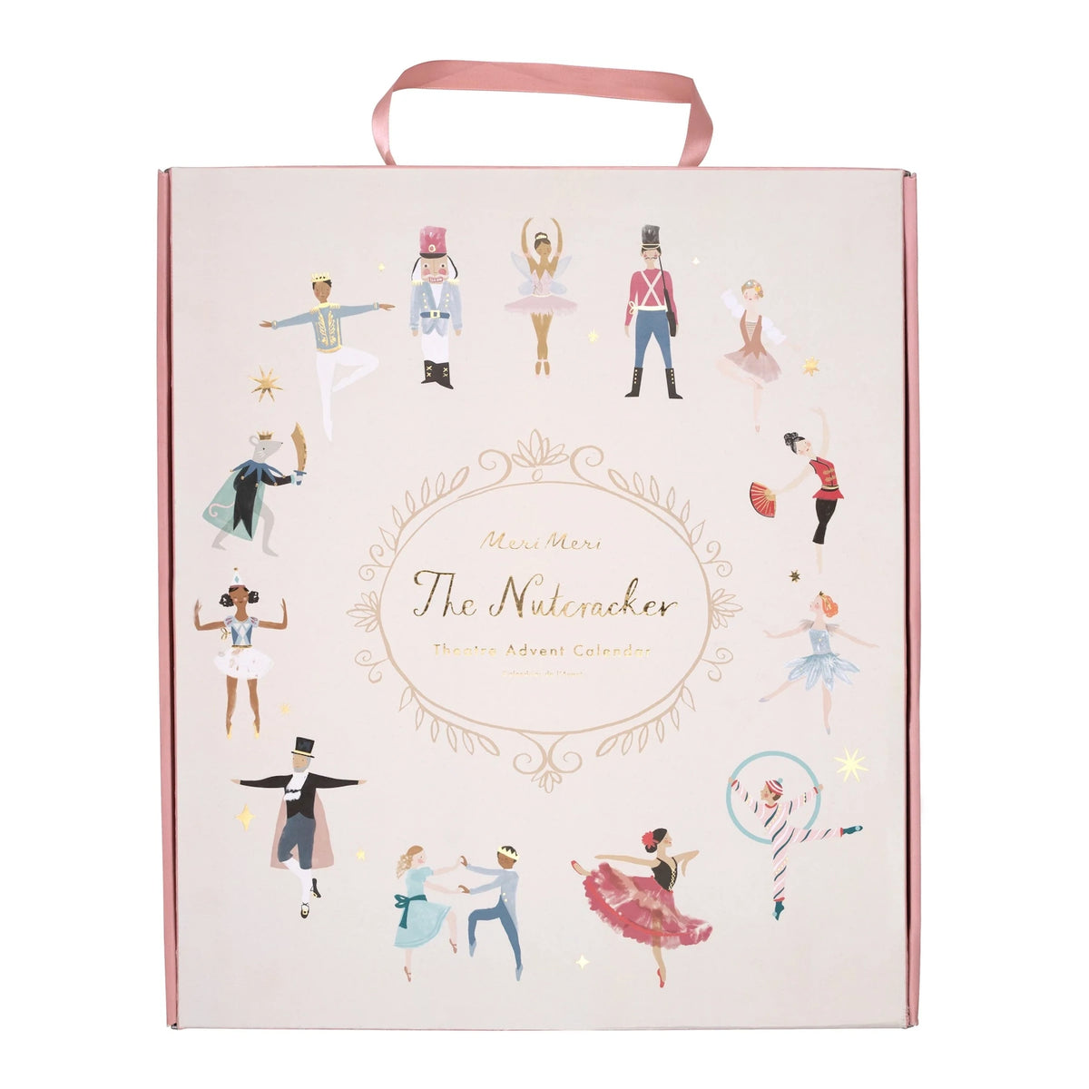 Meri Meri Nutcracker Theatre Advent Calendar packaging box with handle and character illustrations.