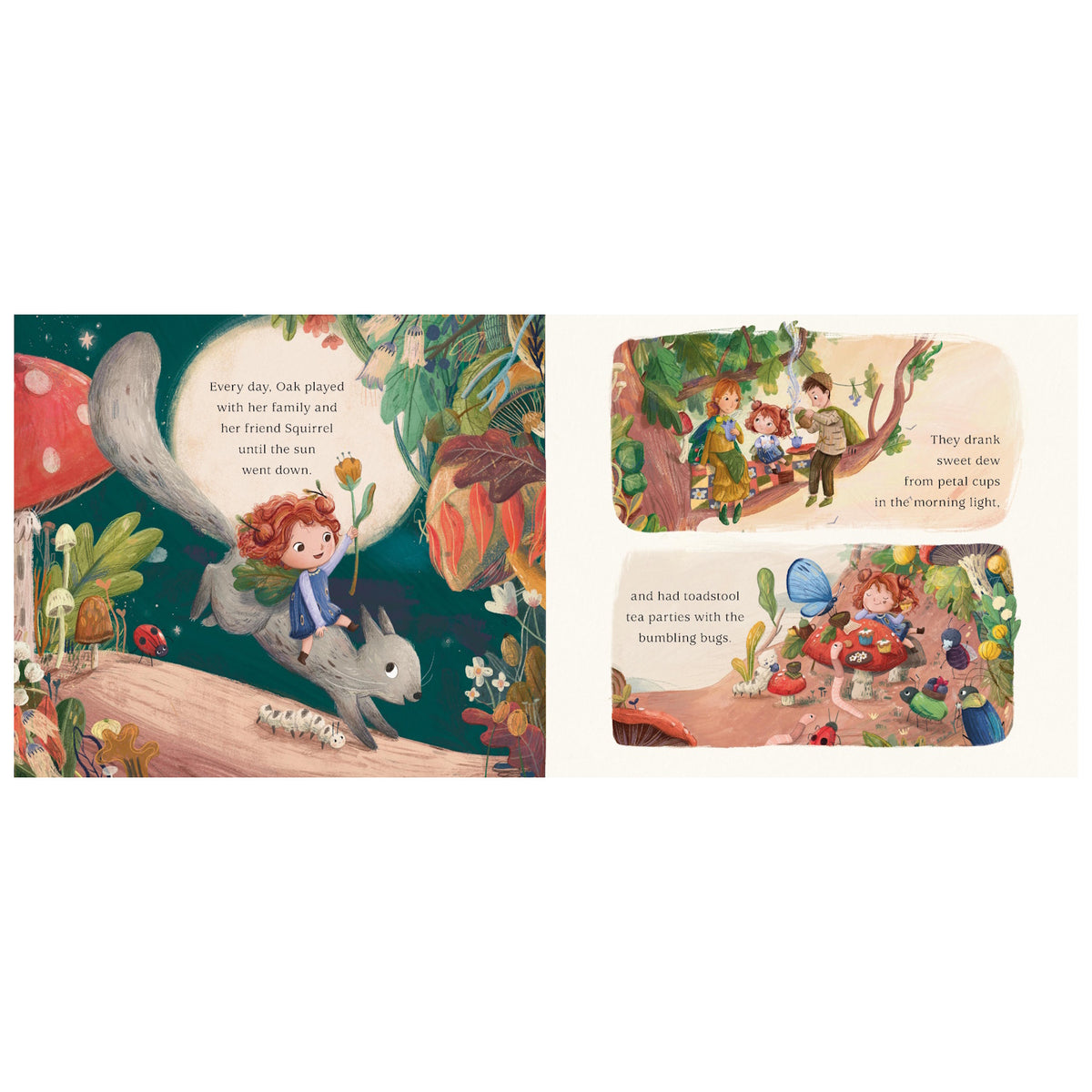 Whimsical children's book illustration of a fairy girl riding a squirrel and having a tea party in a magical forest.